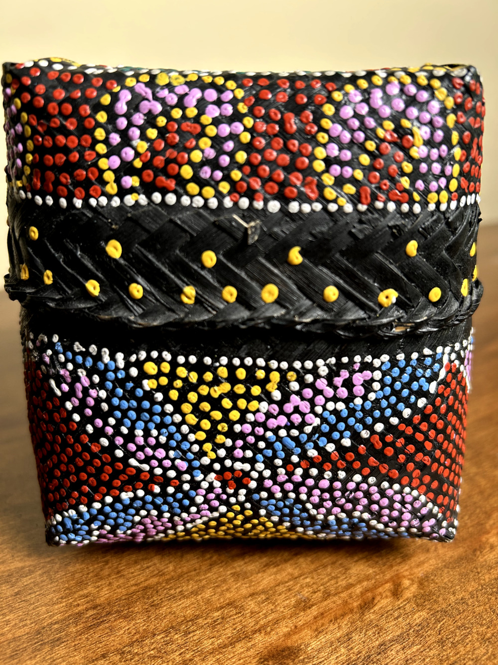 Handmade Tribal Woven Basket Box 5"x4"x4" (Multicolor Lidded Storage Container)